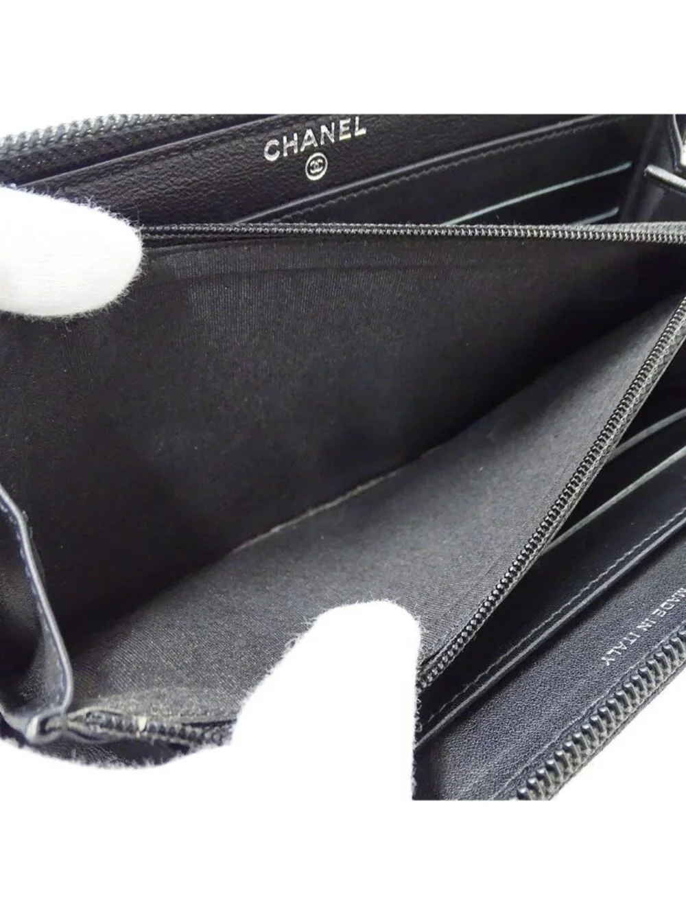 Chanel Wallet Caviar Leather Black Silver Zip Around Logo Adult